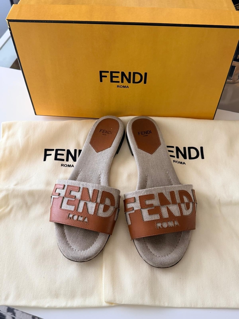 Fendi Beige Canvas and Brown Leather Logo Slide Sandals